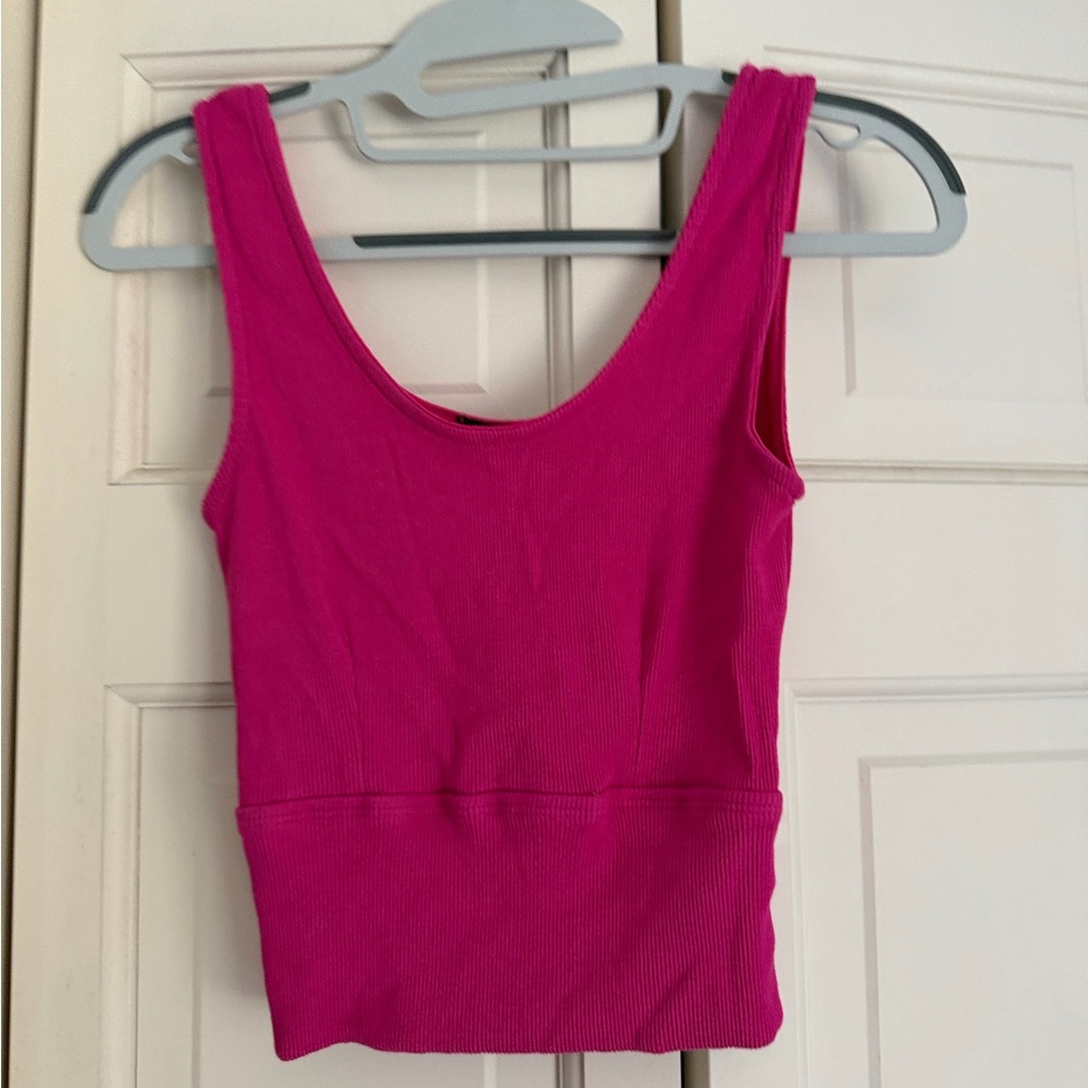 Shinestar Ribbed Scoop Tank Top in Hot Pink
